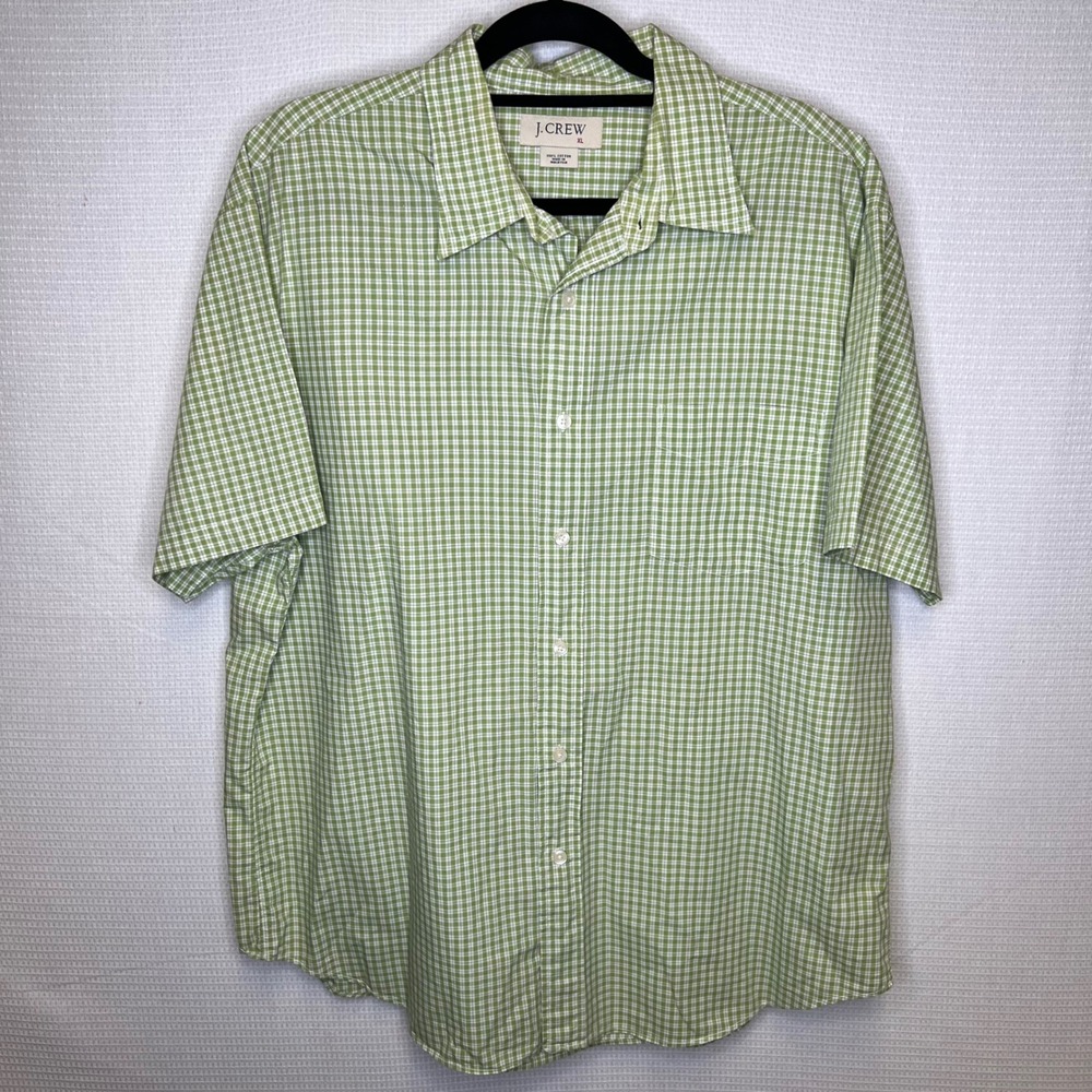 J.Crew Mens XL Green White Gingham Short Sleeve Cotton Button Down Shirt